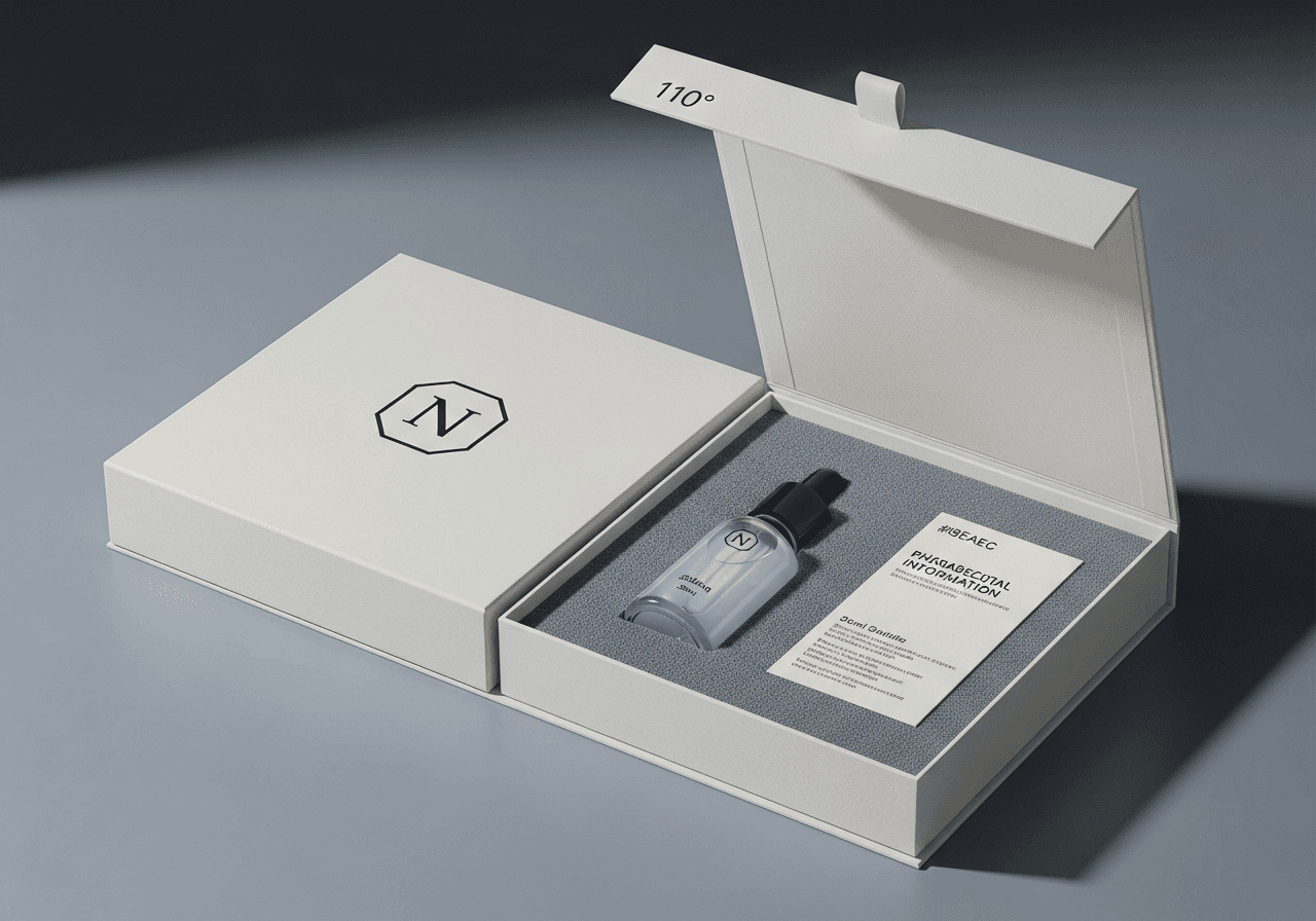 Nexotropin pharmaceutical box opened, revealing a single dropper bottle in foam tray