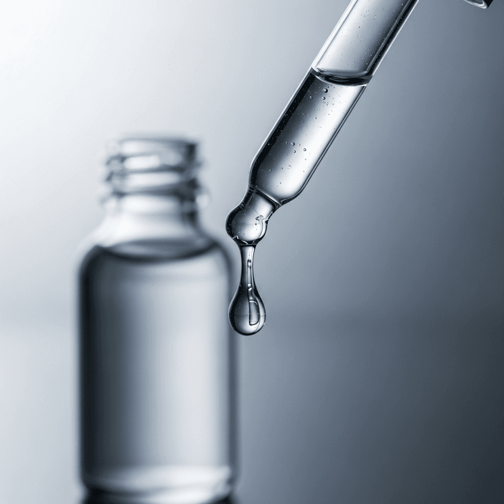 Macro photograph of a glass pipette with a single drop of pale blue serum forming