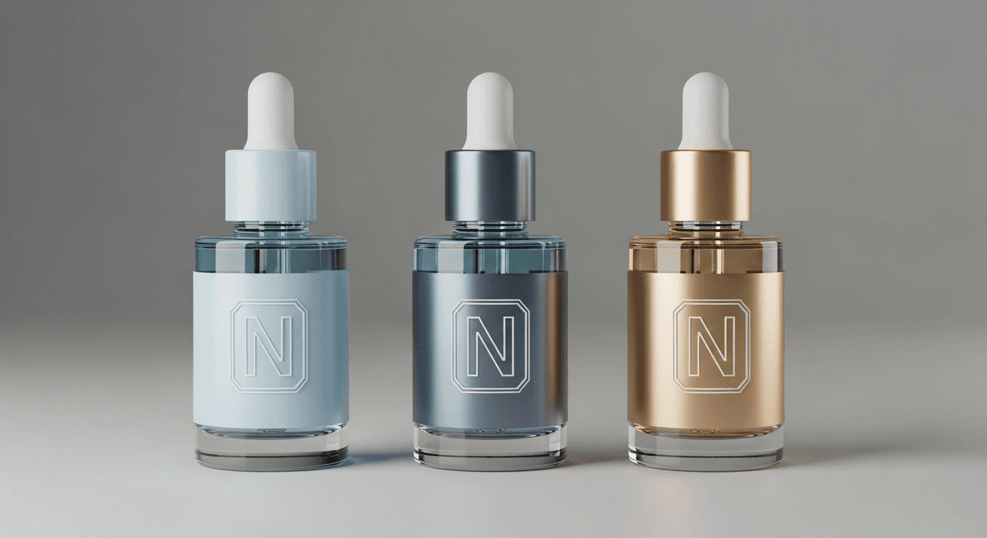 Three Nexotropin dropper bottles side by side, with ice, steel and gold caps