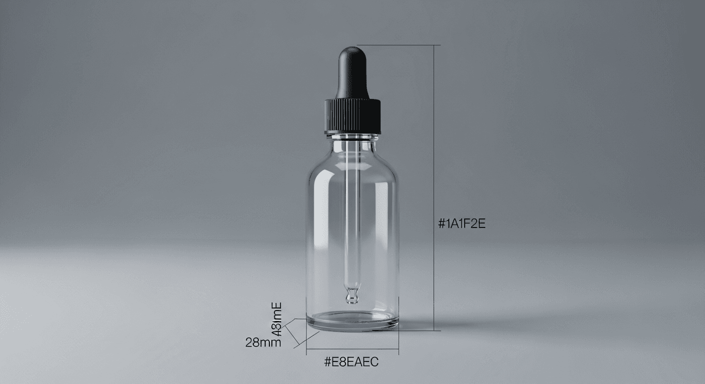 Side-view engineering blueprint of the Nexotropin dropper bottle with dimension callouts