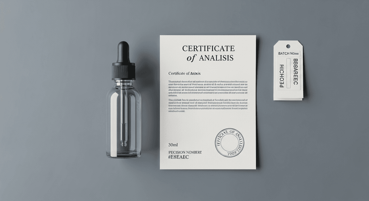 Flat-lay of a dropper bottle next to a Certificate of Analysis document